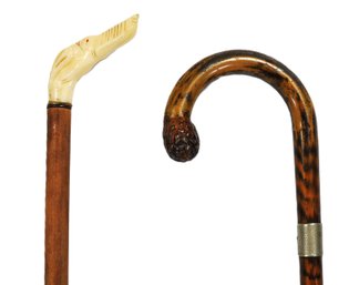 Pair Antique Walking Canes  Carved Dog Handle & Bamboo With Alpacca Collar