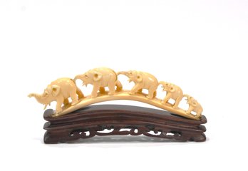 Antique Carved Asian Elephant Bridge Sculpture On Wooden Stand