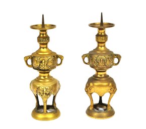 Pair Vintage Chinese Brass Altar Candlesticks With Buddha & Dragon Motifs