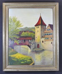 Vintage Oil Painting Of Medieval Town, Germany - Signed E.H.