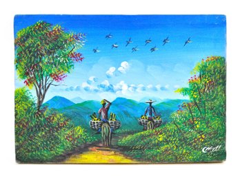 Vintage Folk Art Tropical Landscape Acrylic Painting On Canvas - Signed