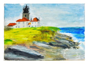 Vintage New England Coastal Lighthouse Landscape Oil Painting