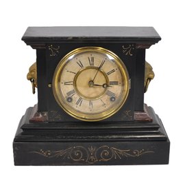 Antique 1882 Ansonia Black Mantel Clock With Lion Head Ornaments