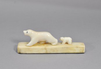 Vintage Inuit Carved Polar Bear & Cub Figure On Base