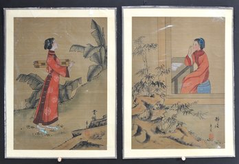 Pair Of Chinese Watercolor Paintings On Silk Of Elegant Ladies, Signed & Sealed