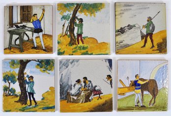Set Of Six Vintage Hand-Painted Spanish Ceramic Tiles  Don Quixote Scenes