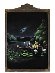 Vintage Painting On Cloth  Romantic Moonlit Boat Scene With Swans