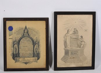 Pair Of Antique Masonic Certificates, 19th-Early 20th Century, Framed