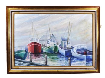 Esther Chester (RI, 19172012) Large Harbor Boats Oil Painting