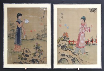 Pair Of Chinese Watercolor Paintings On Silk Ladies And Butterflies, Signed & Sealed