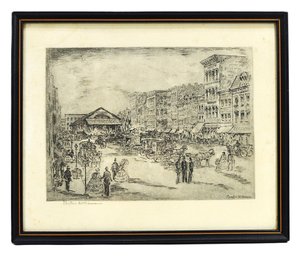 Caroline Williams (1908-1988) Street Scene Etching, Horse-Drawn Market