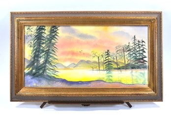Vintage Sunset Landscape Oil Painting On Canvas, Ornate Frame