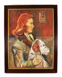Vintage Oil Painting Portrait Of Woman With Dog, Signed