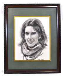Signed Charcoal Portrait Drawing Of Woman, Dated 2015, Framed