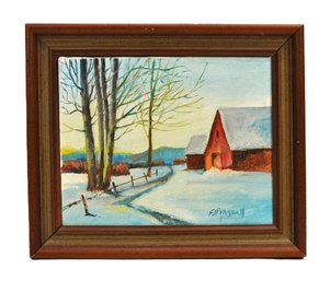 Small Vintage Winter Scene Oil Paining On Canvas- Signed