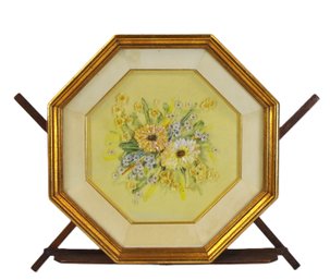 Vintage Floral Shell Art Painting Signed   Yellow Bouquet In Gilt Octagonal Frame