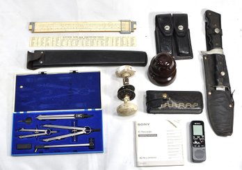 Vintage Estate Lot – Dietzgen Slide Rule, Drafting Set, Sony Recorder & More