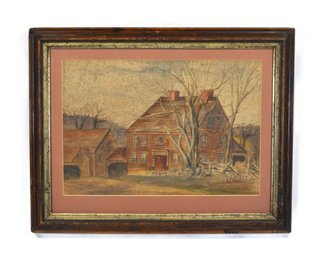 Antique Folk Art Landscape Painting Of Colonial House, Framed