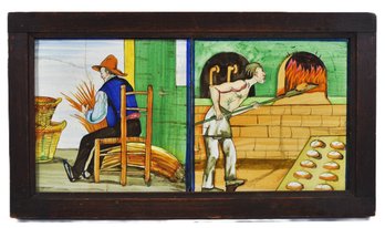 Pair Of Antique Hand Painted Spanish Tiles In Rustic Frame