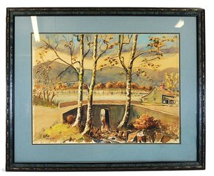 Vintage Ifor-o-Fon Landscape Watercolor, Bridge & Cottage Scene, Framed