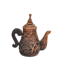 Antique Asian Wooden Teapot With Figural Relief Decoration