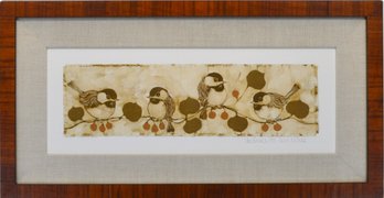 Nedra Nicholls (20th Century)  Framed Batik Art ' Chickadees'