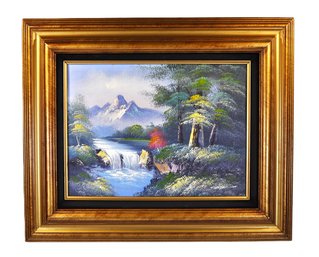 Vintage Decorative Landscape Oil Painting Mountain Waterfall Scene, Signed
