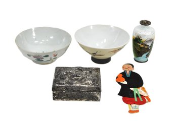 Lot Asian Collectibles – Cloisonné Vase, Porcelain Bowls, Dragon Box & Figural Ornament