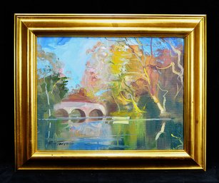 Tom Torrenti (20th Century) Impressionist Landscape Oil Painting Bridge Over Water