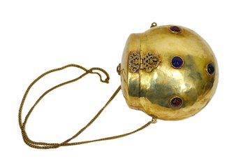 Vintage Brass Hanging   Minaudiere ' Sphere Clutch'  With Cabochon Stone Accents