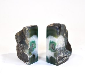 Large Natural Green Agate Bookends With Quartz Crystal Centers - Polished & Natural Edge
