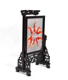 Chinese Black Lacquer Table Screen With Koi Fish Silk Embroidery Panel