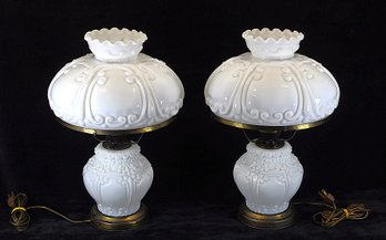 Dillard M. Smith - Pair Of Vintage Milk Glass Electric Hurricane Lamps