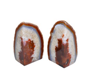 Polished Agate Geode Bookends - Natural Banded Agate With Quartz Crystal Core