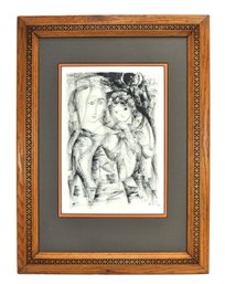 Modernist Figural Lithograph Signed- Carved Oak Frame
