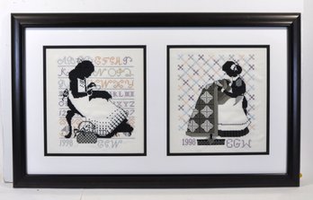 Pair Woman Silhouette Cross-Stitch Needlework Samplers 1998, Framed