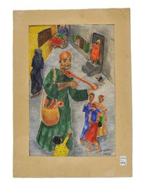 DORIS Mid-Century Watercolor - Arab Street Musician With Children, 1961