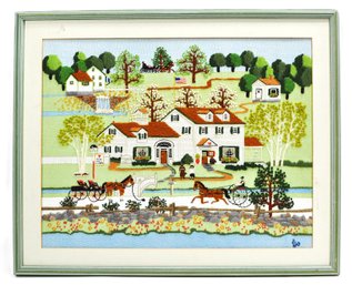 Vintage Folk Art Needlepoint Embroidery Fox Hill Farm Scene, Signed