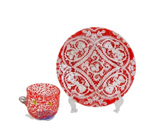 Hand-Blown Art Glass Cup & Lace-Pattern Saucer  Red Spatter Design