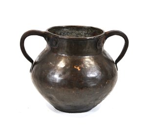 Large Antique Hand-Forged Copper Pot With Dual Iron Handles