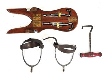 Vintage English Boot Jack Set With Wooden Handle Tool & Leather Strap Boot Stretchers