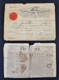 1863 Civil War Pennsylvania Commission Document Signed By Gov. Andrew G. Curtin  1861 Newspaper