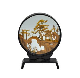 Vintage Chinese Cork Diorama Landscape With Cranes In Round Glass Frame On Stand