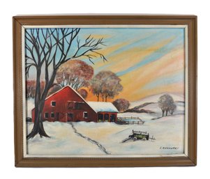 E. Kokolsky (20th Century) Winter Farm Landscape With Red Barn Oil