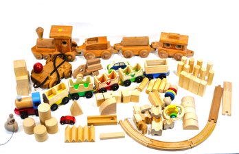 Lot Of Wooden Toy Trains, Blocks & Tracks
