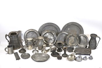 Large Group Of Antique And Vintage Pewter Tableware Pieces