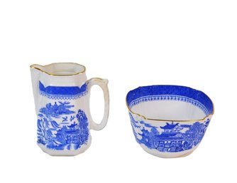Vintage Copeland China Blue & White Transferware Creamer And Sugar Bowl Set