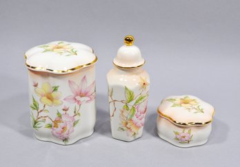 Vintage Royal Worcester ' Palissy' Floral Porcelain Vanity Set  3 Pieces