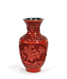Small Vintage Chinese Cinnabar Red Lacquer Floral Vase