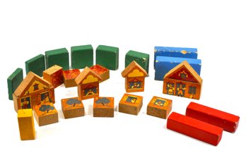 Vintage Wooden Building Blocks With Folk Art Houses